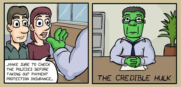 Comic by German artist shows darkly funny everyday life scene with a green Hulk character offering insurance advice.