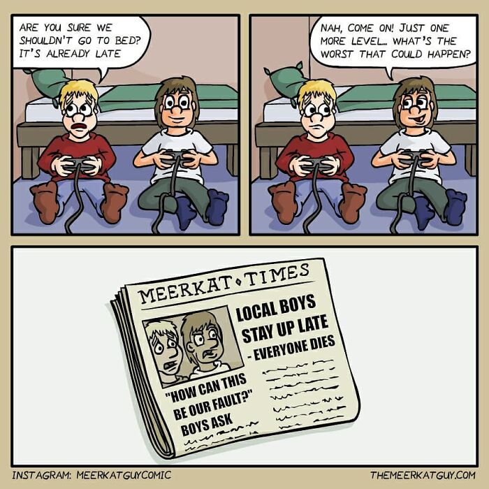 Comic by German artist showing darkly funny everyday life with boys playing video games and a grim newspaper headline.