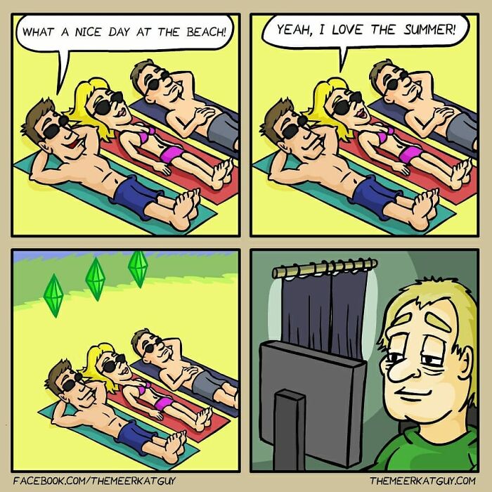 Comic panels by German artist showing people sunbathing and a man enjoying summer indoors in a darkly funny everyday life style.