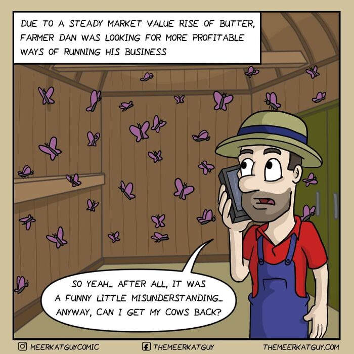 Farmer Dan on phone in a darkly funny comic by German artist about everyday life with butterflies in a barn.