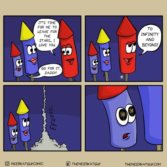 Comic strip by German artist showing darkly funny rockets with faces in everyday life scenarios, capturing emotional moments.