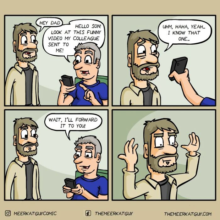 Comic panels by a German artist showing darkly funny everyday life moments between father and son with smartphones.