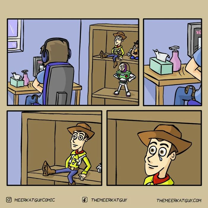 Cartoon comic scene showing a person at a desk and a close-up of a tearful Woody toy in darkly funny everyday life comics.