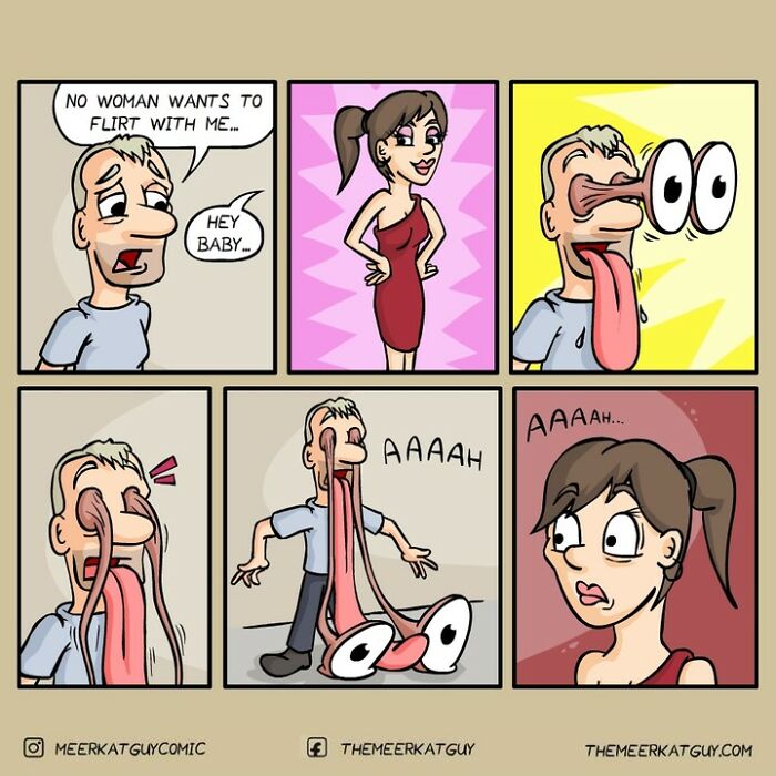 Darkly funny comic by German artist depicting exaggerated reactions in everyday life situations with humor.