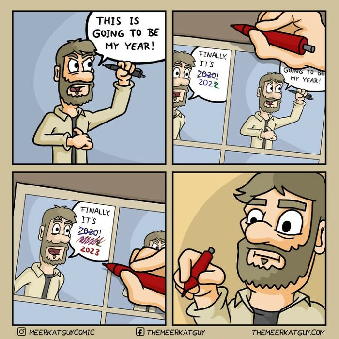 Comic strip by German artist showing darkly funny everyday life moments with a man rewriting years on a window reflection.