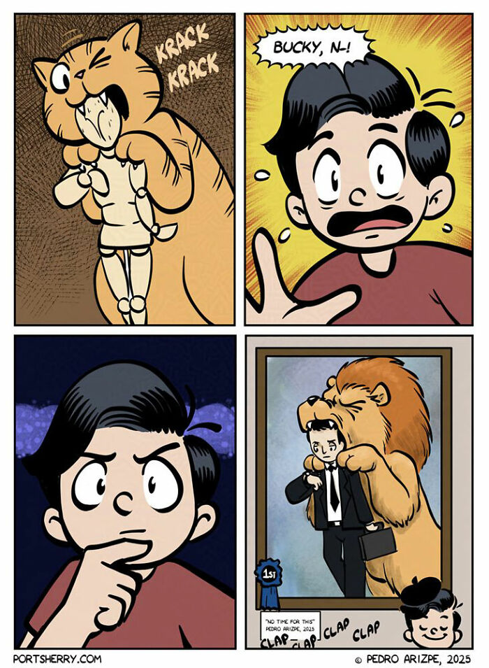Comic panels showing a funny Port Sherry scene with a cat biting a puppet and a man in a lion suit portrait.