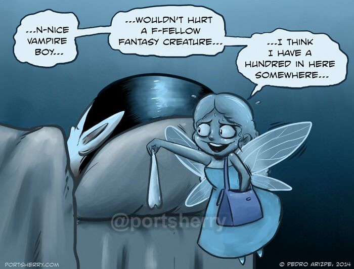 Cartoon vampire boy and fairy character in a funny Port Sherry comic with an absurd twist in a dark blue setting.