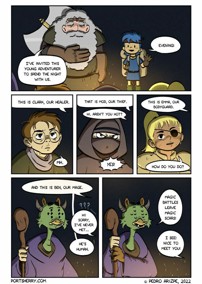 Comic panels featuring Port Sherry characters including adventurers, a healer, thief, bodyguard, and a mage in a fantasy setting.
