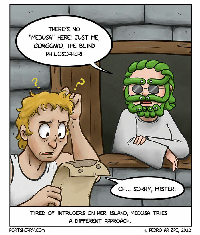 Funny Port Sherry comic with a character disguised as Medusa confusing an intruder in a humorous twist.