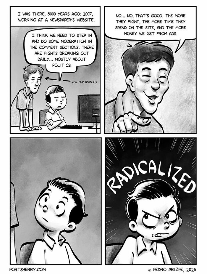 Black and white Port Sherry comic strip showing a supervisor and employee discussing moderation and radicalization online.