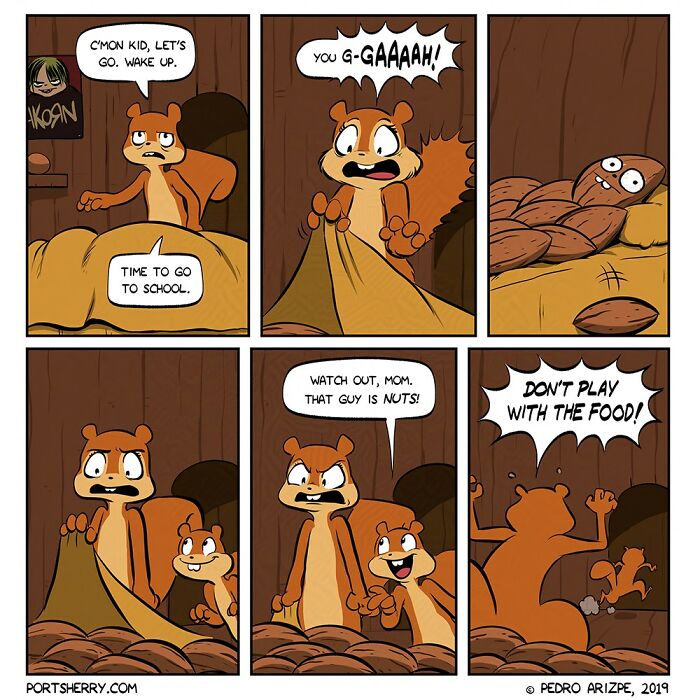 Comic strip from Port Sherry showing squirrels with a humorous twist involving talking nuts and playful parent-child interaction.