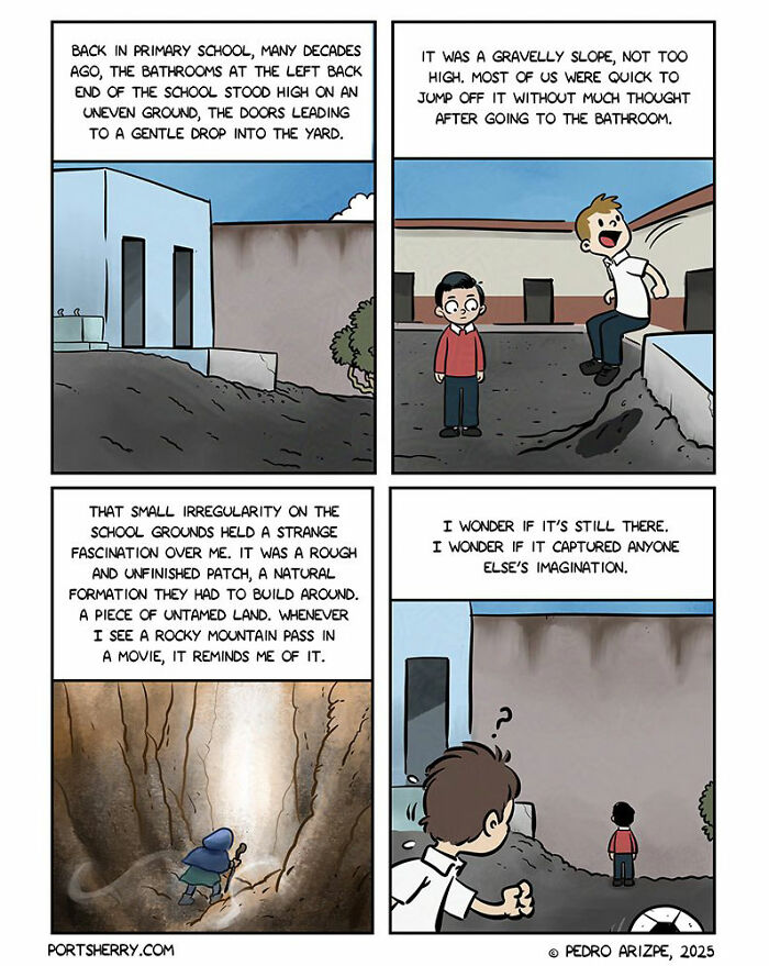 Port Sherry comic panels depicting nostalgic school memories with humorous and absurd everyday twists.