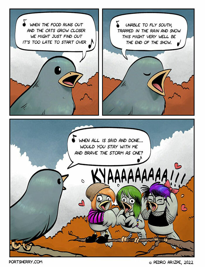 Port Sherry comic with talking birds, blending everyday moments and absurd twists in a colorful cartoon style.