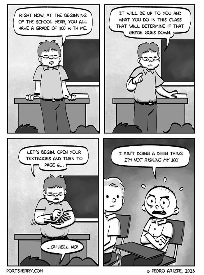 Black and white Port Sherry comic showing a teacher and students with humorous dialogue in a classroom setting.