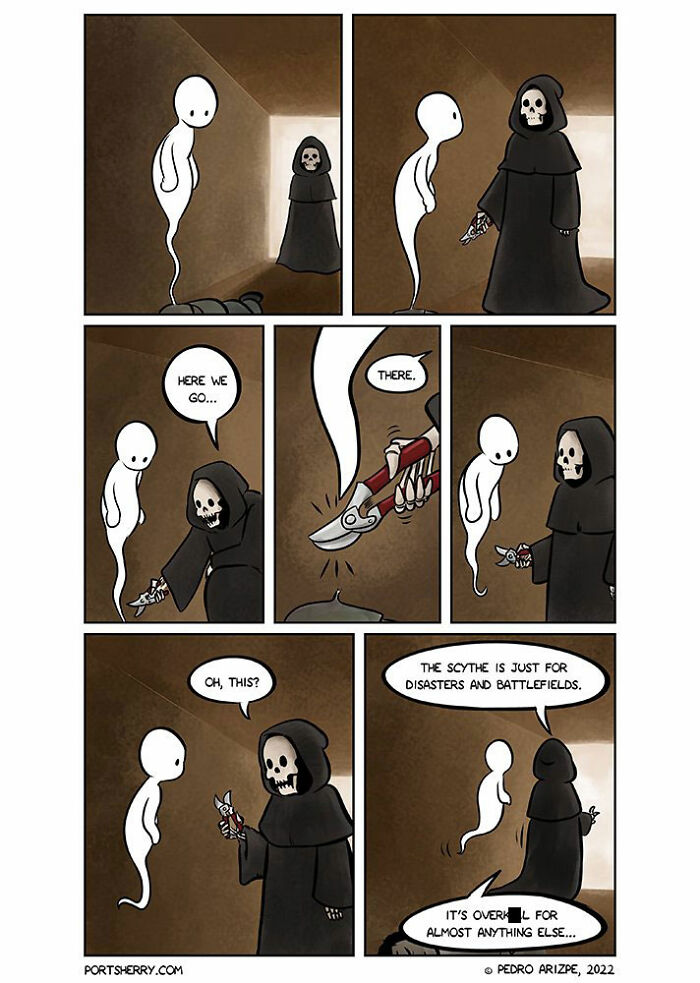 Port Sherry comic featuring a humorous twist on the Grim Reaper using pruning shears instead of a scythe.