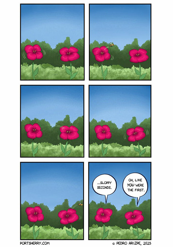 Two flowers humorously debate about timing in a port sherry comic blending everyday moments with absurd twists.