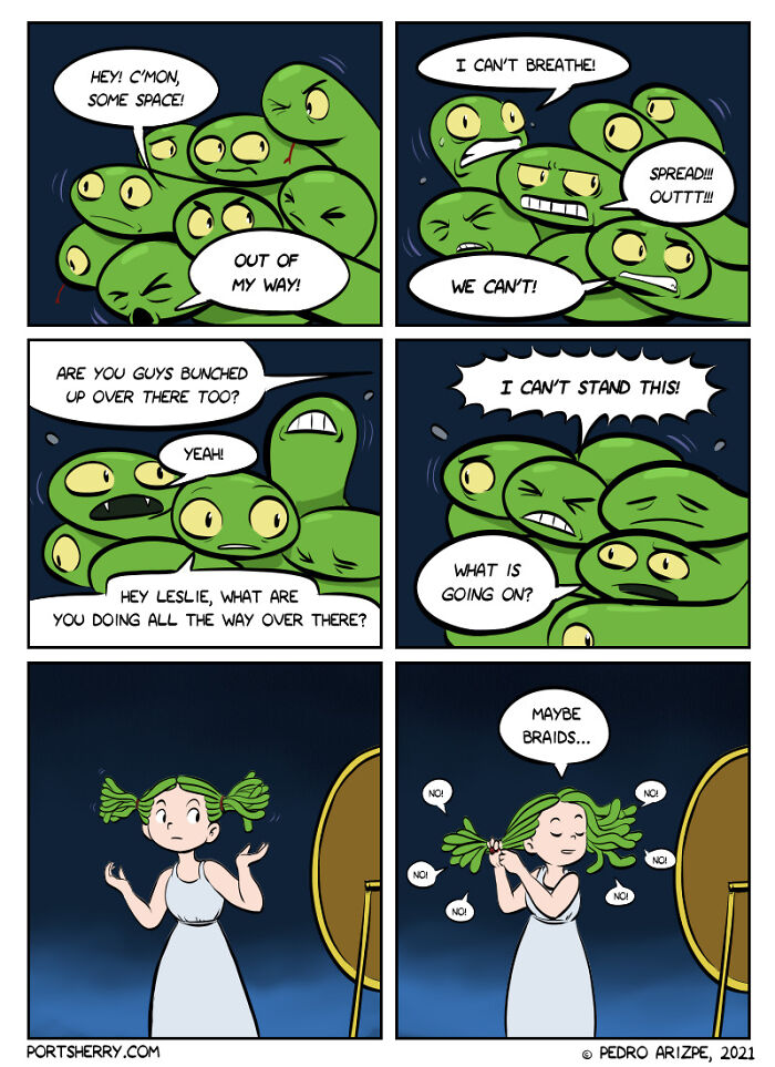 Group of green cartoon characters crowded and complaining, and a girl with green braided hair in a funny Port Sherry comic strip.