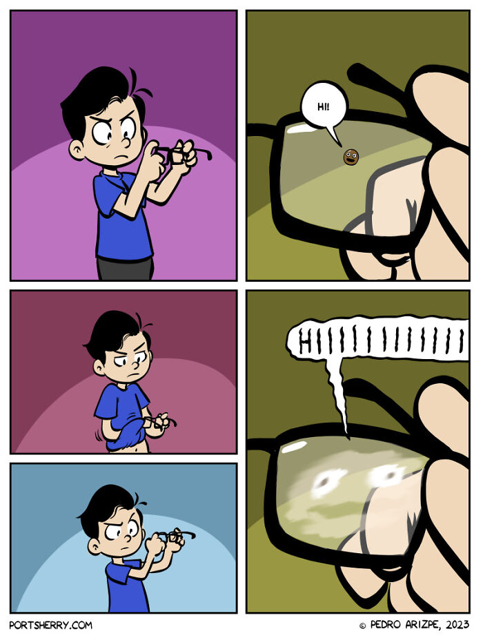 Comic panels showing a boy struggling with glasses that reveal a tiny face greeting him, from Port Sherry comics with absurd twists.