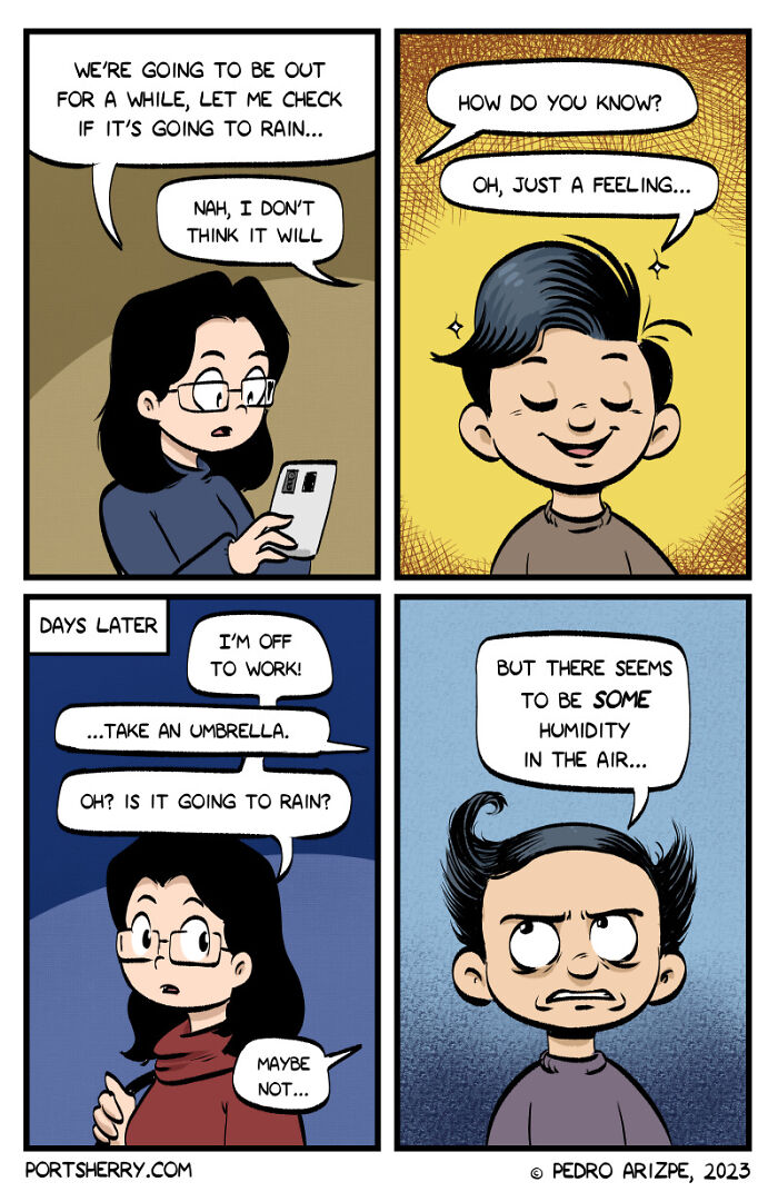 Comic panels from Port Sherry showing a humorous conversation about weather predictions and rain with a twist.