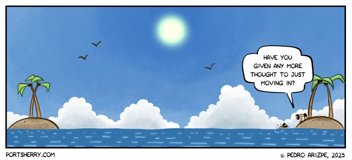 Cartoon scene of two people on small islands with palm trees under a bright sun from Port Sherry comics.