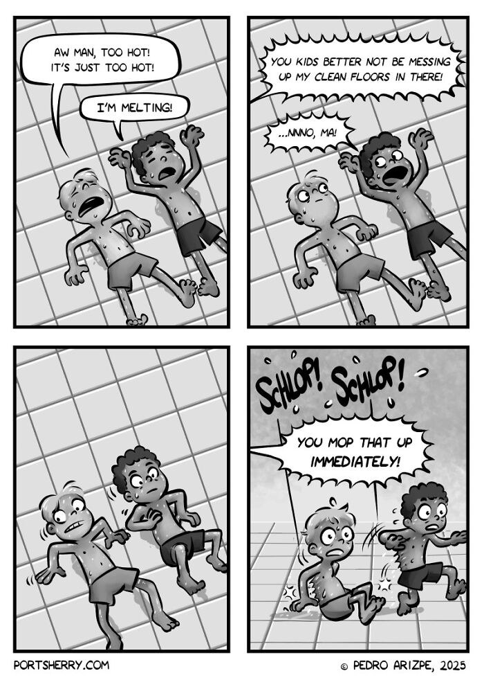 Black and white Port Sherry comic showing two boys melting on the floor with humorous absurd dialogue.