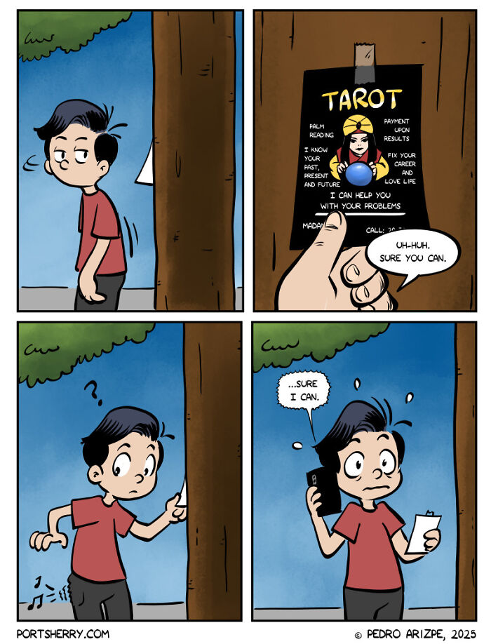 Cartoon character in a red shirt reacts to a tarot reading flyer in a funny Port Sherry comic with an absurd twist.