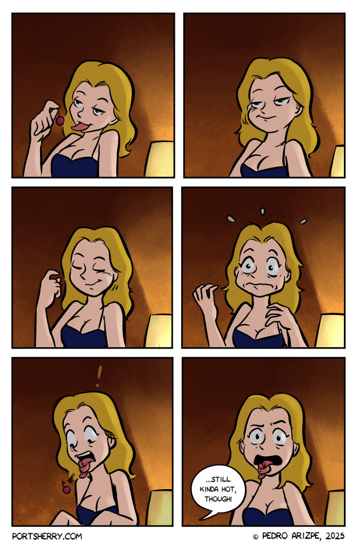 Comic strip by Port Sherry shows a woman tasting a cherry with humorous and absurd facial expressions in everyday moments.