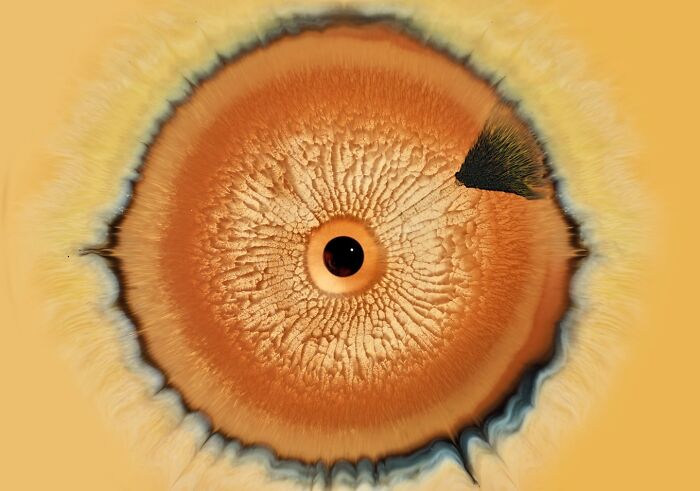 Close-up of hypnotic ink and water image resembling a human eye with intricate patterns and warm orange tones.