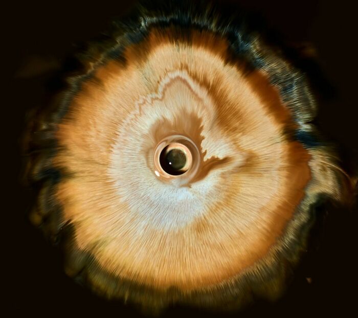 Ink and water creating a hypnotic image resembling a human eye with intricate patterns and warm tones.