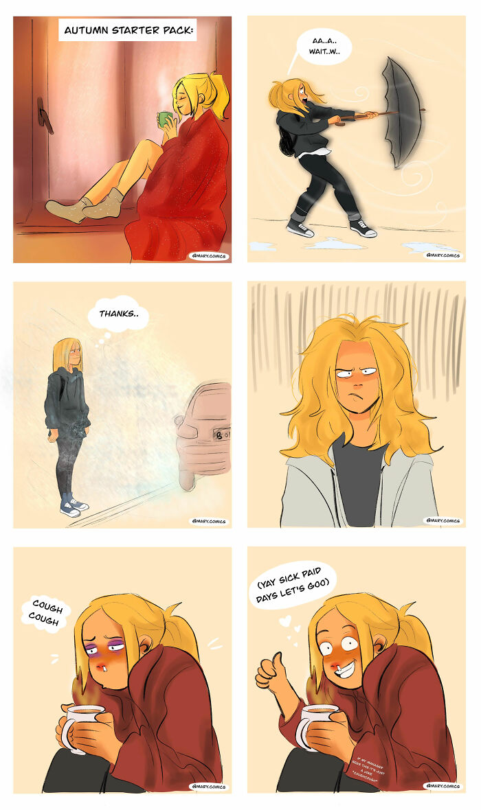 Six-panel relatable comics about everyday life showing young woman dealing with autumn weather and feeling sick at home.