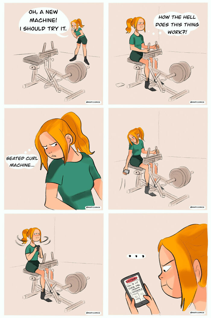 Woman struggling to figure out how to use a gym machine in a relatable comic about everyday life and young adulthood.