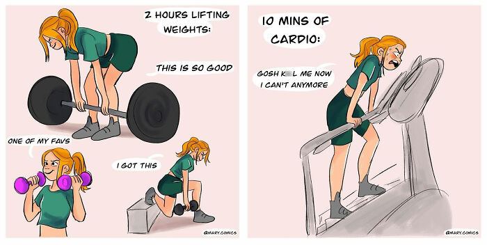 Comic about everyday life showing a woman happily lifting weights then struggling with cardio on a treadmill.