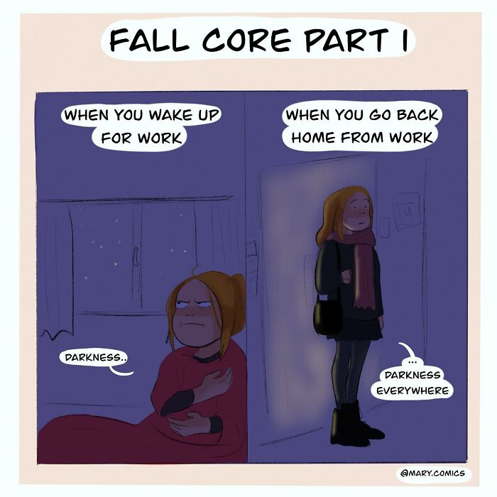 Comic illustrating relatable everyday life moments: a person waking up to darkness and returning home to darkness everywhere.