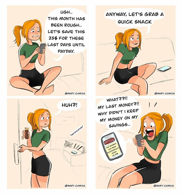 Relatable comic about young adulthood showing a girl stressed about budgeting and accidentally spending her last money.