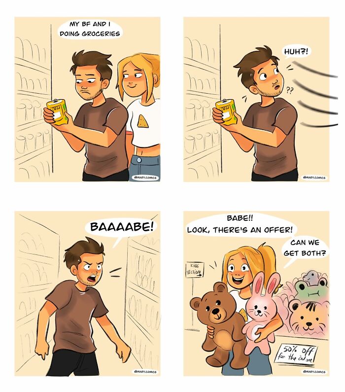 Couple grocery shopping in a relatable comic about everyday life, relationships, and young adulthood with cute toy offers.