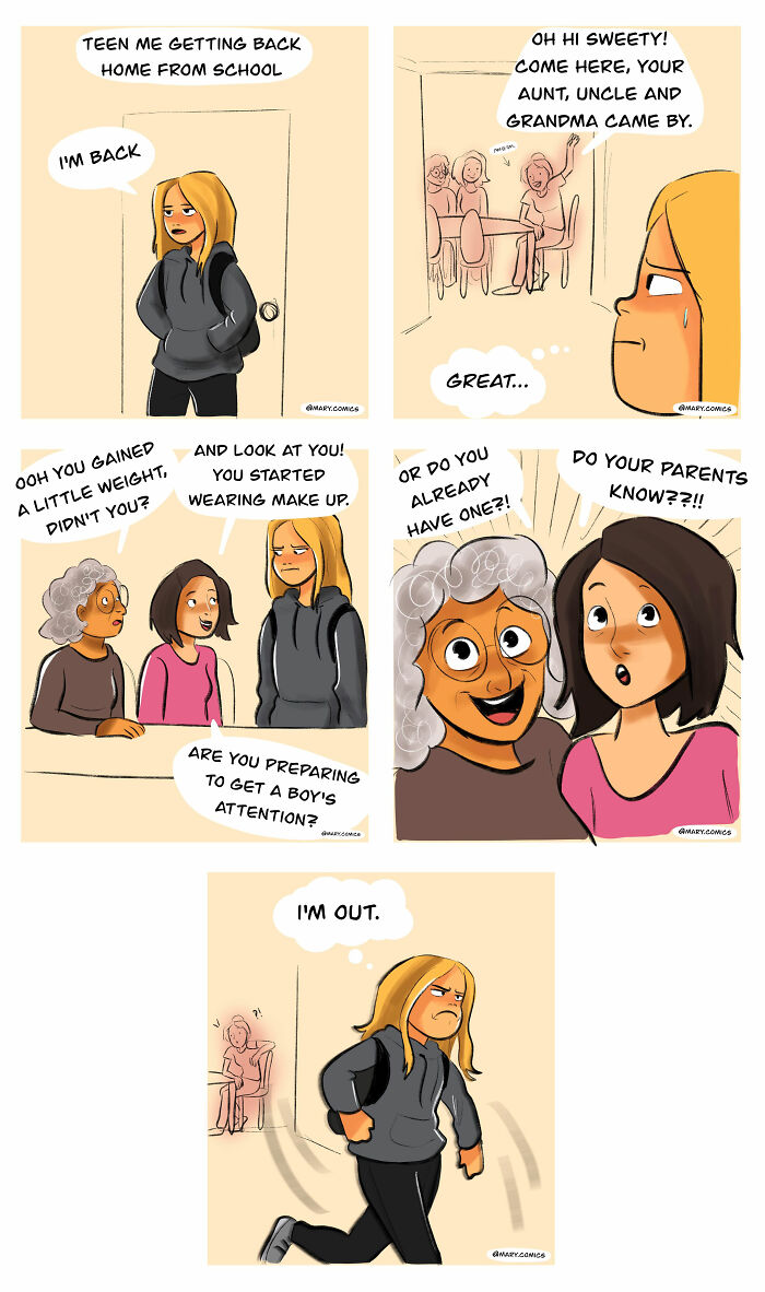 Relatable comic about everyday life and young adulthood showing awkward family reunion with teasing and teenage frustration.