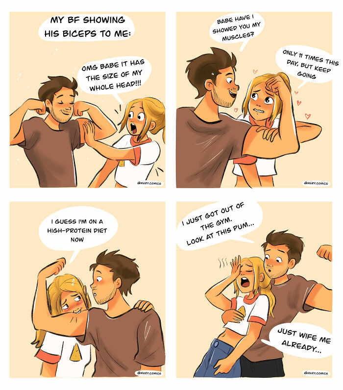 Relatable comics about everyday life and relationships showing a couple humorously interacting about muscles and gym.