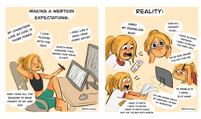 A relatable comic showing the contrast between webtoon expectations and the reality of young adulthood challenges.