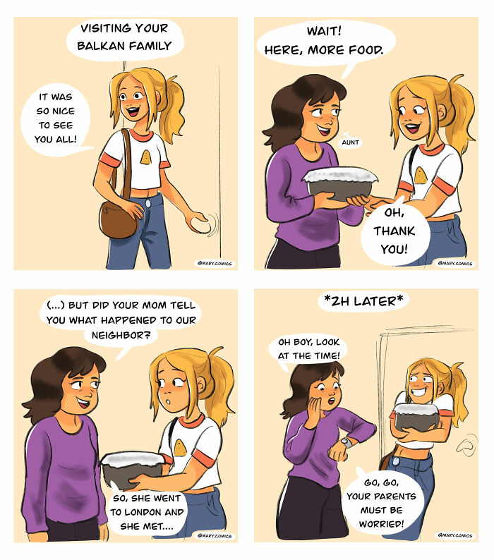 Young woman visiting family, sharing food and stories in a relatable comic about everyday life and relationships.