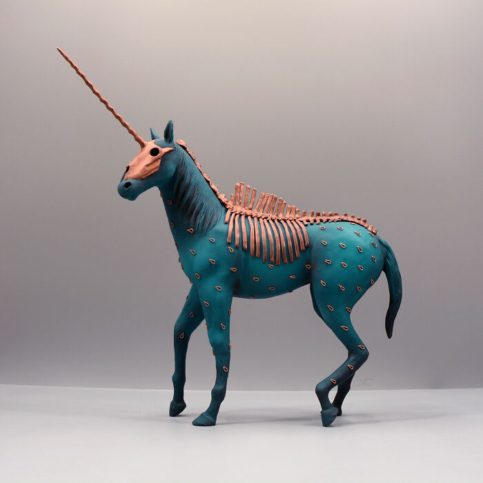 Haunting porcelain sculpture of a mythical unicorn with skeletal details, resembling relics of forgotten myths.