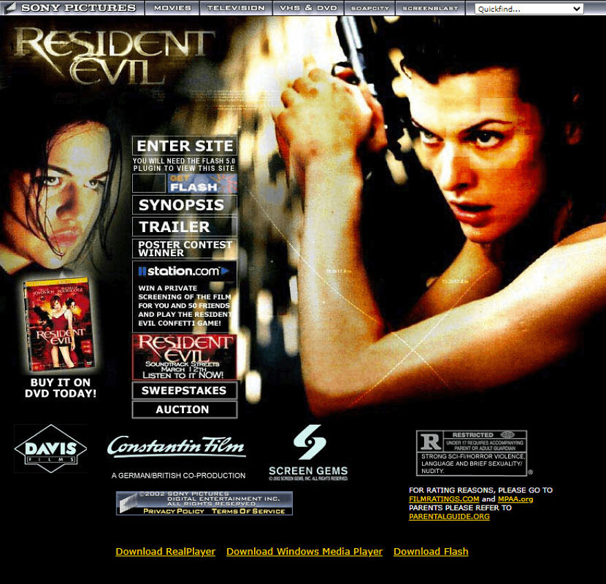 Resident Evil movie website screenshot with intense character close-up and vintage early 2000s web design, nostalgic image.