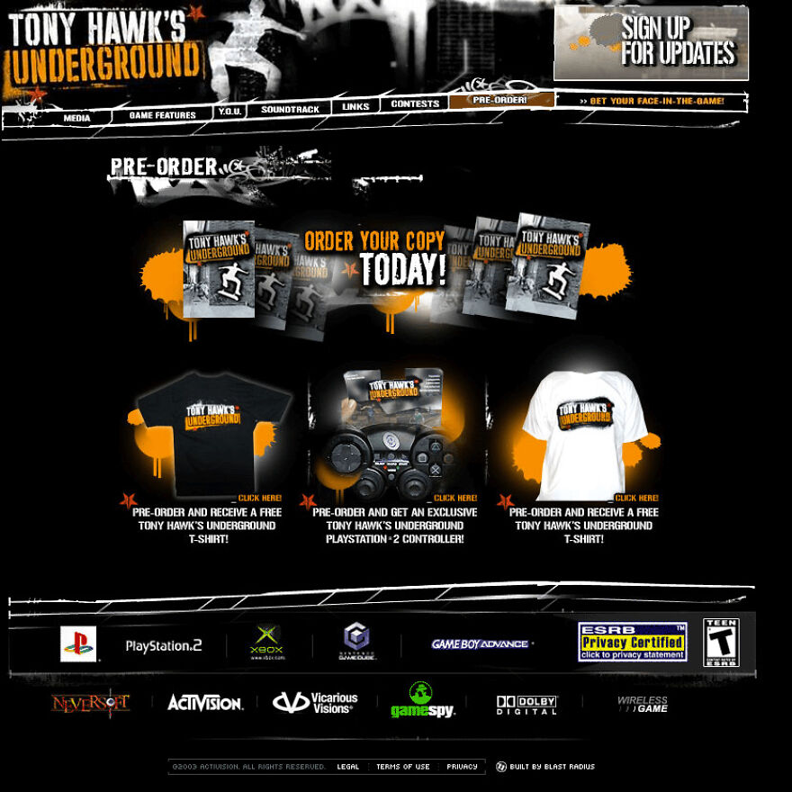 Retro Tony Hawk's Underground preorder page featuring game copies, PS2 controller, and branded T-shirts on a dark background.