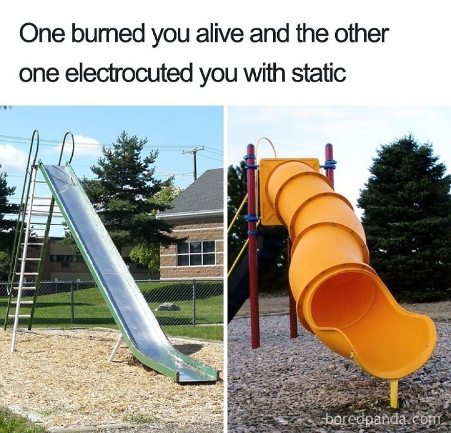 Side-by-side images of nostalgic playground slides, one metal and one yellow plastic tube, evoking childhood memories.
