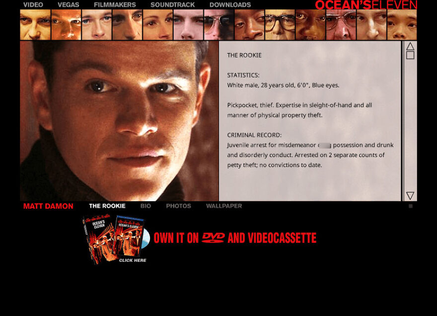 Ocean’s Eleven vintage website screenshot showing Matt Damon as The Rookie with criminal stats and DVD offer.