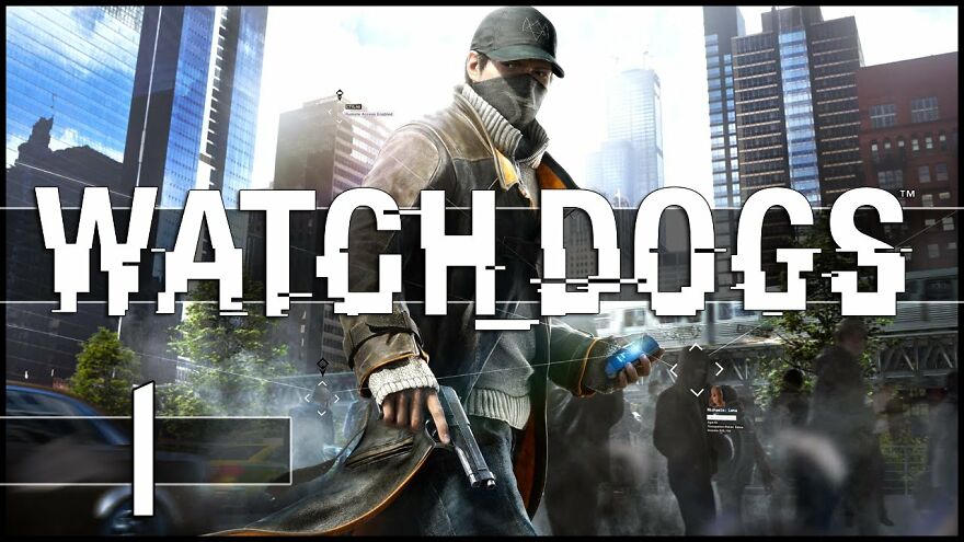 Character from Watch Dogs holding a phone and gun in a cityscape, evoking nostalgic images and urban tech themes.