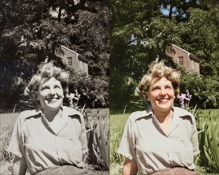 Vintage black-and-white photograph restored with vibrant colors by colorization artist, showing a smiling woman outdoors.