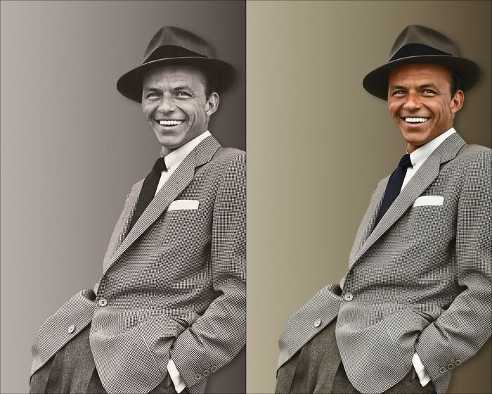 Vintage black-and-white photograph restored with color by a skilled colorization artist showing a smiling man in a hat.