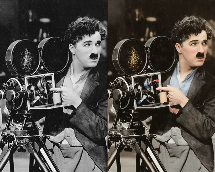 Side-by-side comparison of a vintage black-and-white photograph and its colorized version by a colorization artist restoring details.