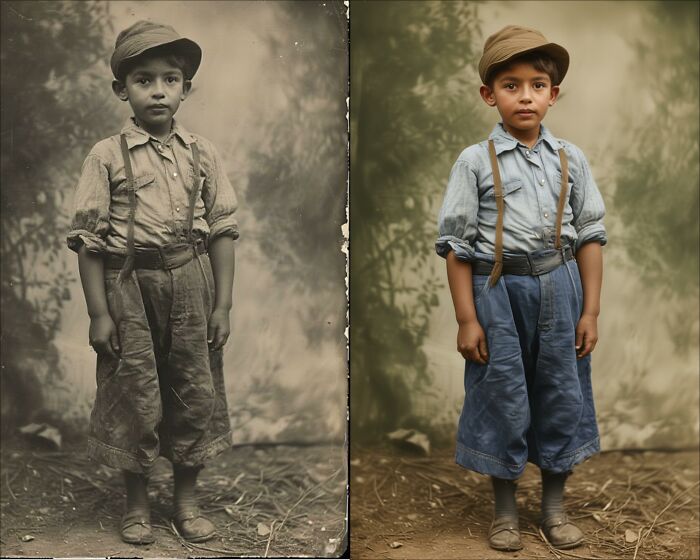 Young boy in vintage outfit shown in original black-and-white and restored colorized photograph by colorization artist.
