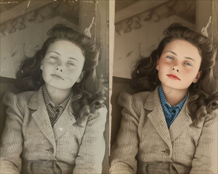 Vintage black-and-white photograph of a young woman restored with color by a skilled colorization artist.